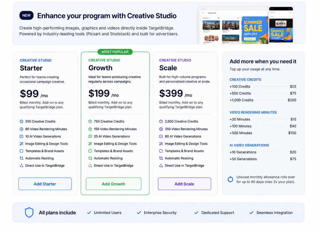 TargetBridge Creative Studio pricing overview